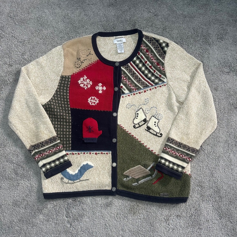 Northern Reflections Cardigan Sweater Womens L Large Multicolor Winter Patchwork